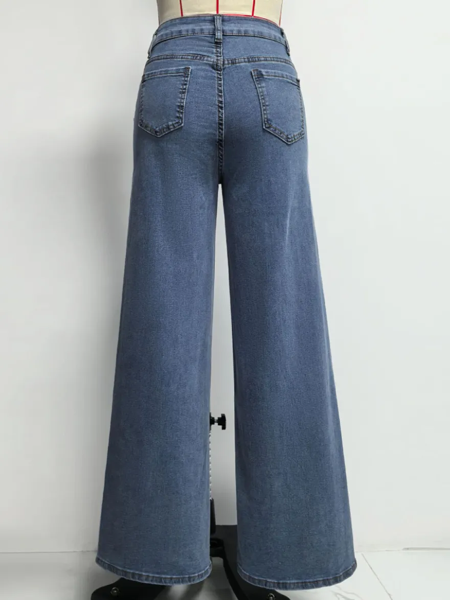 Jean large à motif cœur pour femme - Bleu moyen style bohème chic coupe droite - Tenue streetwear printanière 2026