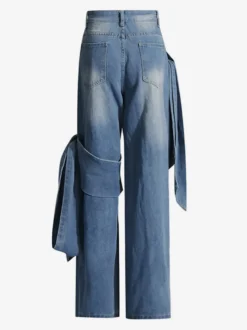 Jean large à nœud papillon pour femme - Bleu moyen style Y2K taille haute coupe baggy - Collection streetwear printemps 2026