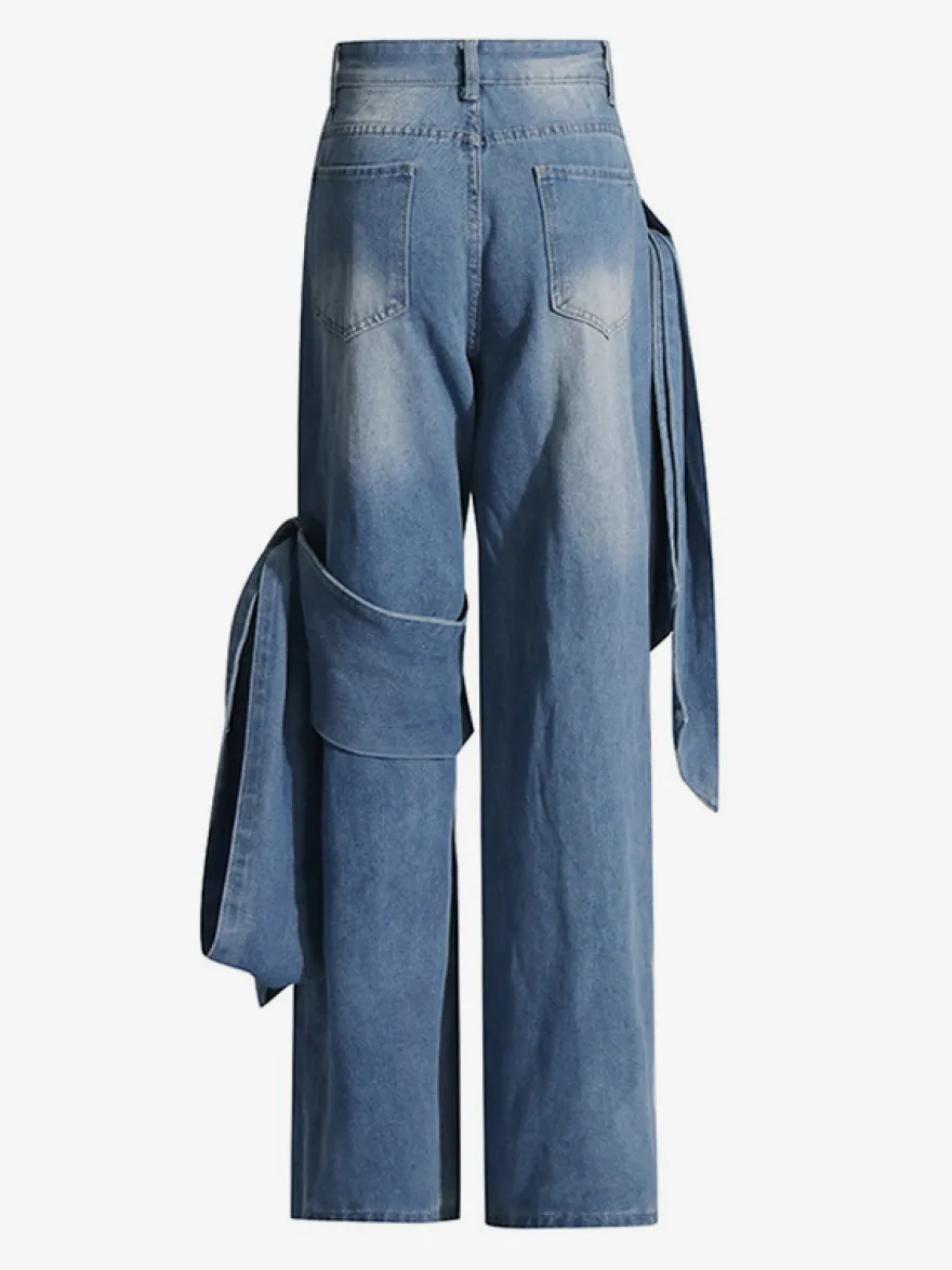 Jean large à nœud papillon pour femme - Bleu moyen style Y2K taille haute coupe baggy - Collection streetwear printemps 2026