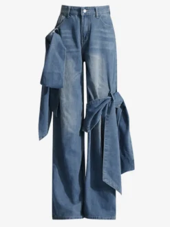 Jean large à nœud papillon pour femme - Bleu moyen style Y2K taille haute coupe baggy - Collection streetwear printemps 2026