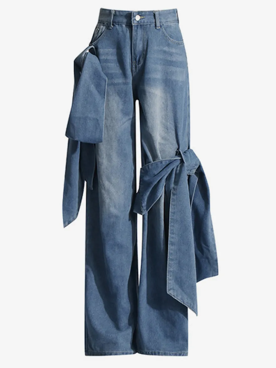 Jean large à nœud papillon pour femme - Bleu moyen style Y2K taille haute coupe baggy - Collection streetwear printemps 2026