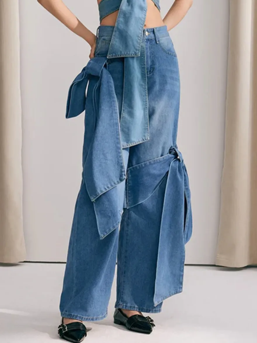 Jean large à nœud papillon pour femme - Bleu moyen style Y2K taille haute coupe baggy - Collection streetwear printemps 2026
