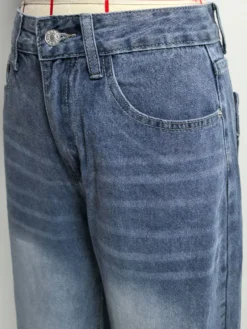Jean large à poches en forme de cœur pour femme - Jean bleu délavé style années 2000 - Pantalon baggy droit - Streetwear printanier tendance 2026