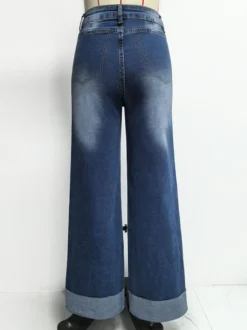 Jean large à revers pour femme - Denim droit bleu style western bohème taille haute coutures sur le devant - Collection printemps 2026