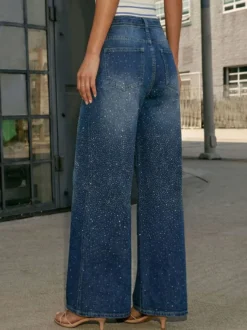 Jean large à strass pour femme - Bleu délavé coupe droite pailletée avec ceinture style années 2000 - Idéal pour une soirée printanière (2026)
