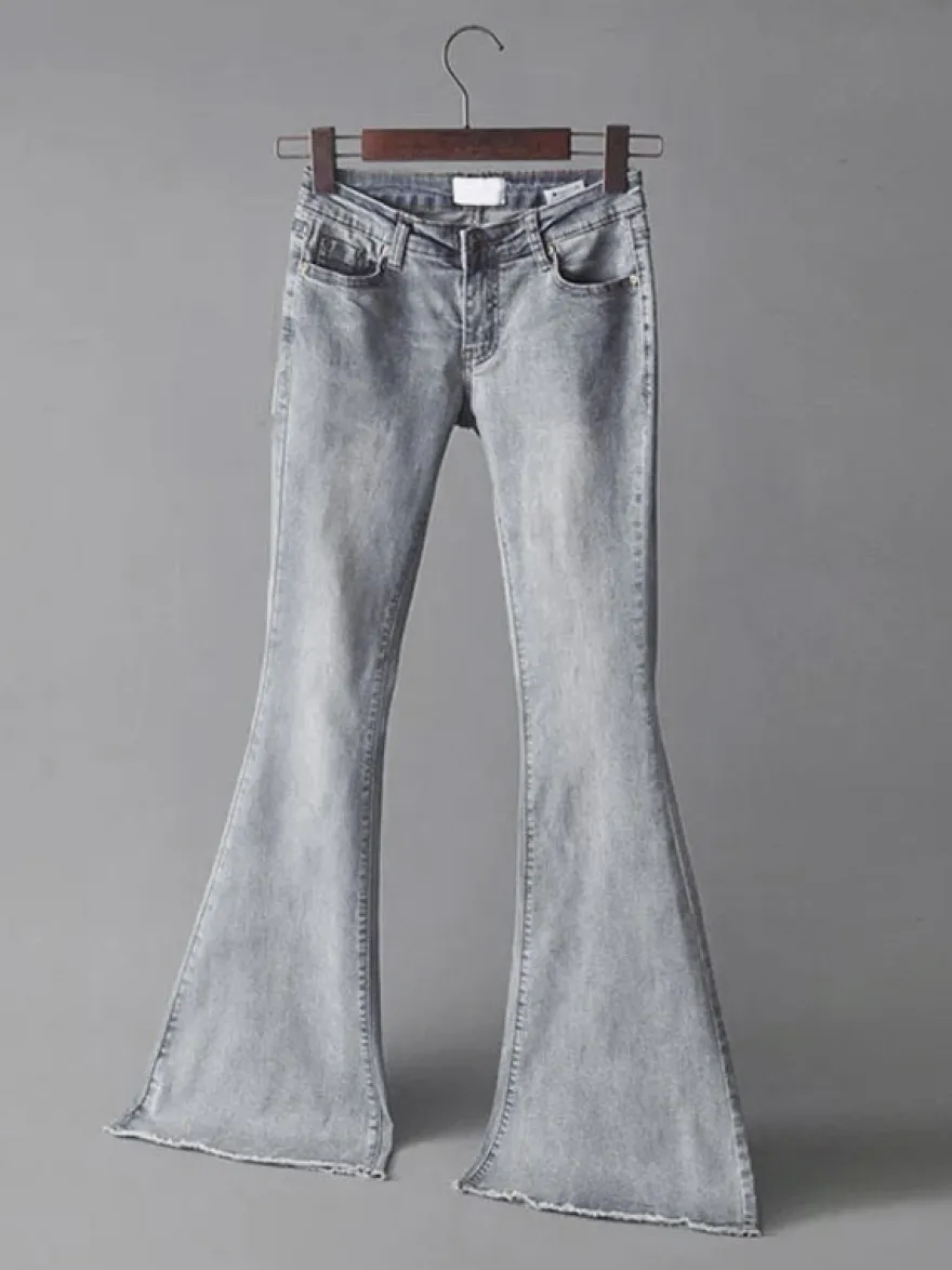 Jean Pantalons en Denim Bas Evasée à Zip avec Poches Unicolore