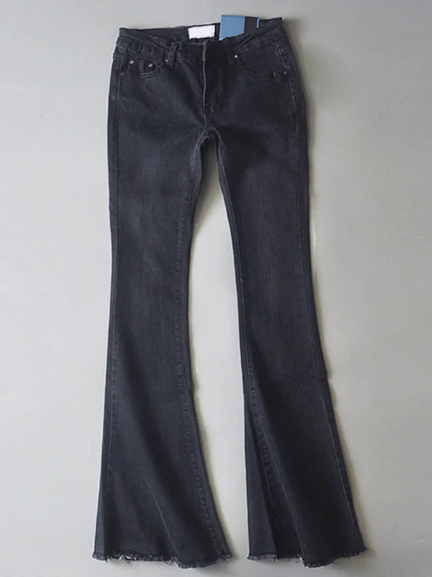 Jean Pantalons en Denim Bas Evasée à Zip avec Poches Unicolore