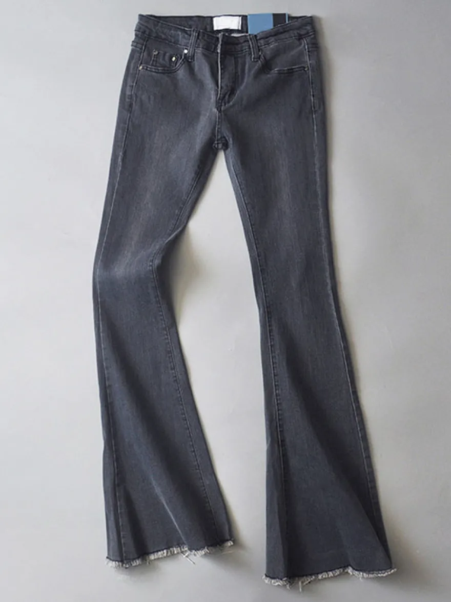 Jean Pantalons en Denim Bas Evasée à Zip avec Poches Unicolore