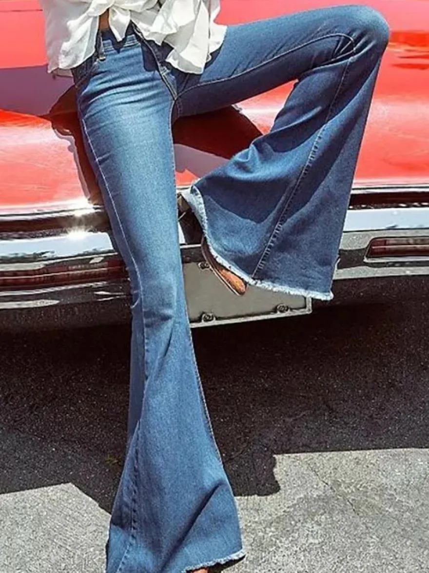 Jean Pantalons en Denim Bas Evasée à Zip avec Poches Unicolore