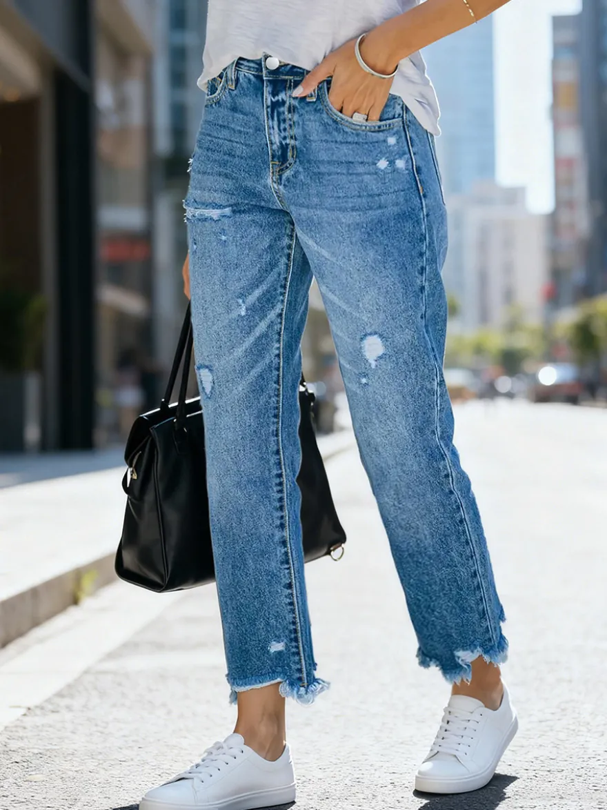 Jeans femme bas en denim délavé court jeans décontractés