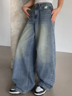 Jean skater baggy taille haute pour femme - Pantalon large effet usé - Streetwear printemps-été 2026