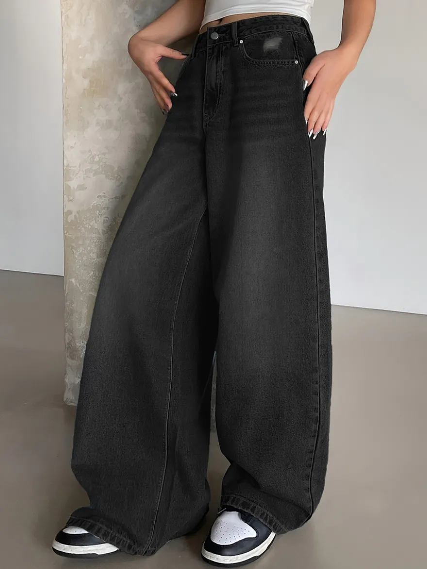 Jean skater baggy taille haute pour femme - Pantalon large effet usé - Streetwear printemps-été 2026