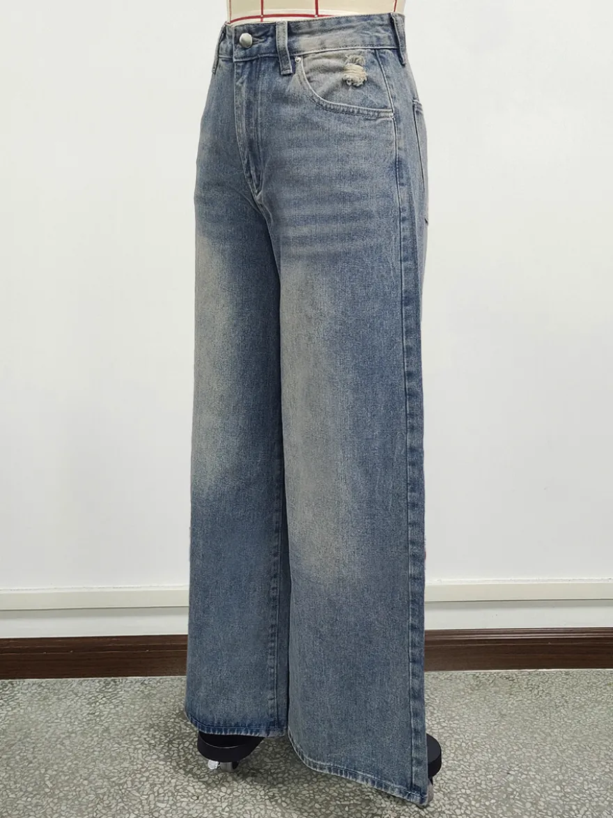 Jean skater baggy taille haute pour femme - Pantalon large effet usé - Streetwear printemps-été 2026