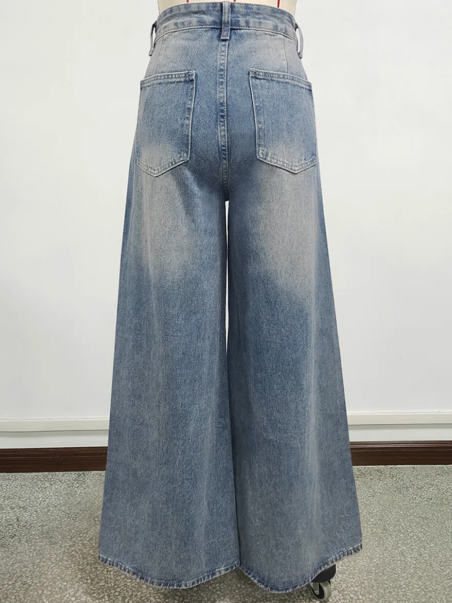 Jean skater baggy taille haute pour femme - Pantalon large effet usé - Streetwear printemps-été 2026