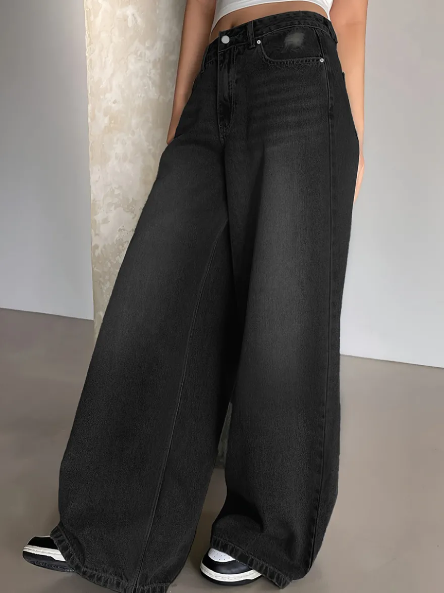 Jean skater baggy taille haute pour femme - Pantalon large effet usé - Streetwear printemps-été 2026