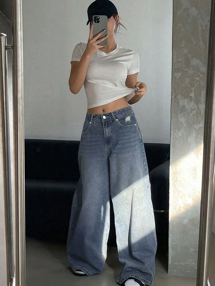 Jean skater baggy taille haute pour femme - Pantalon large effet usé - Streetwear printemps-été 2026