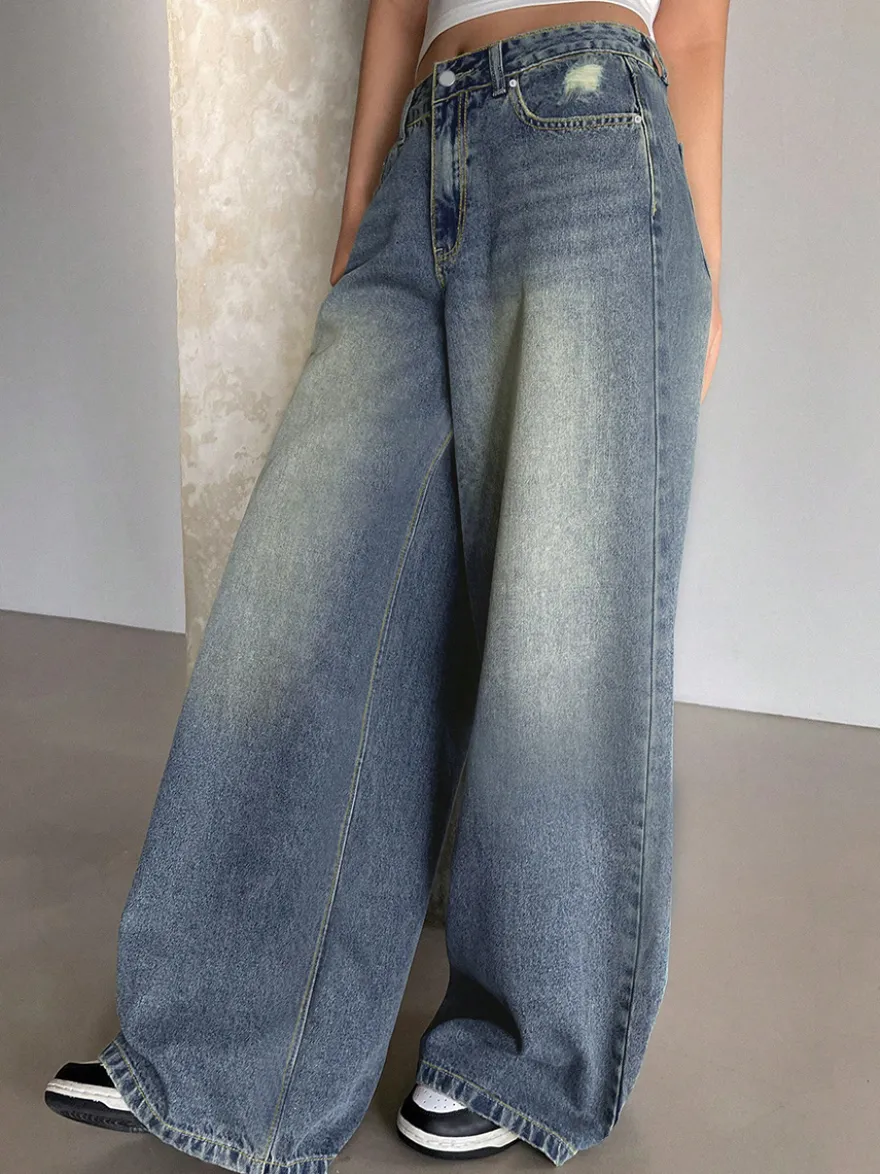 Jean skater baggy taille haute pour femme - Pantalon large effet usé - Streetwear printemps-été 2026