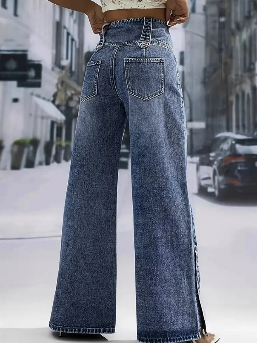 Jean taille haute à jambes larges pour femme - Pantalon en denim bleu moyen vintage à boutons latéraux et coupe décontractée - Style streetwear chic printemps 2026