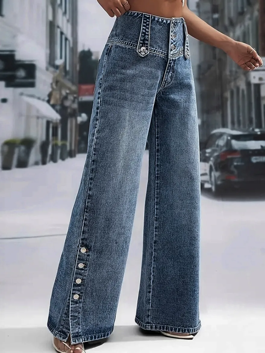 Jean taille haute à jambes larges pour femme - Pantalon en denim bleu moyen vintage à boutons latéraux et coupe décontractée - Style streetwear chic printemps 2026