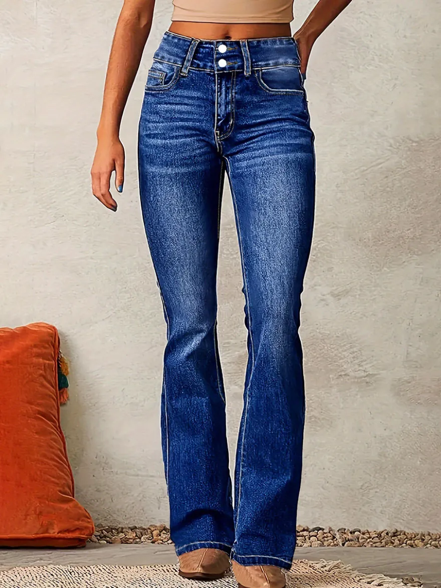 Jean évasé à double boutonnage pour femme - Pantalon en denim coupe slim - Style streetwear décontracté printemps 2026