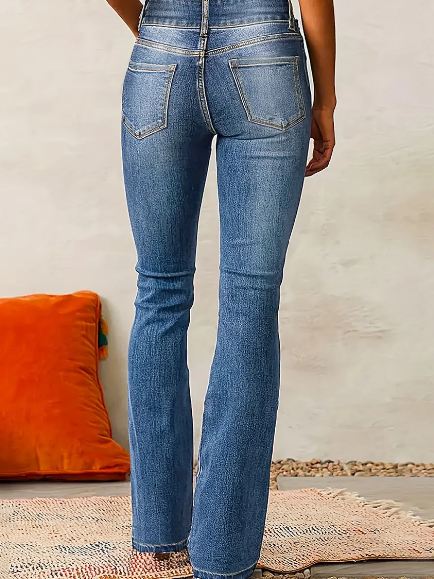 Jean évasé à double boutonnage pour femme - Pantalon en denim coupe slim - Style streetwear décontracté printemps 2026