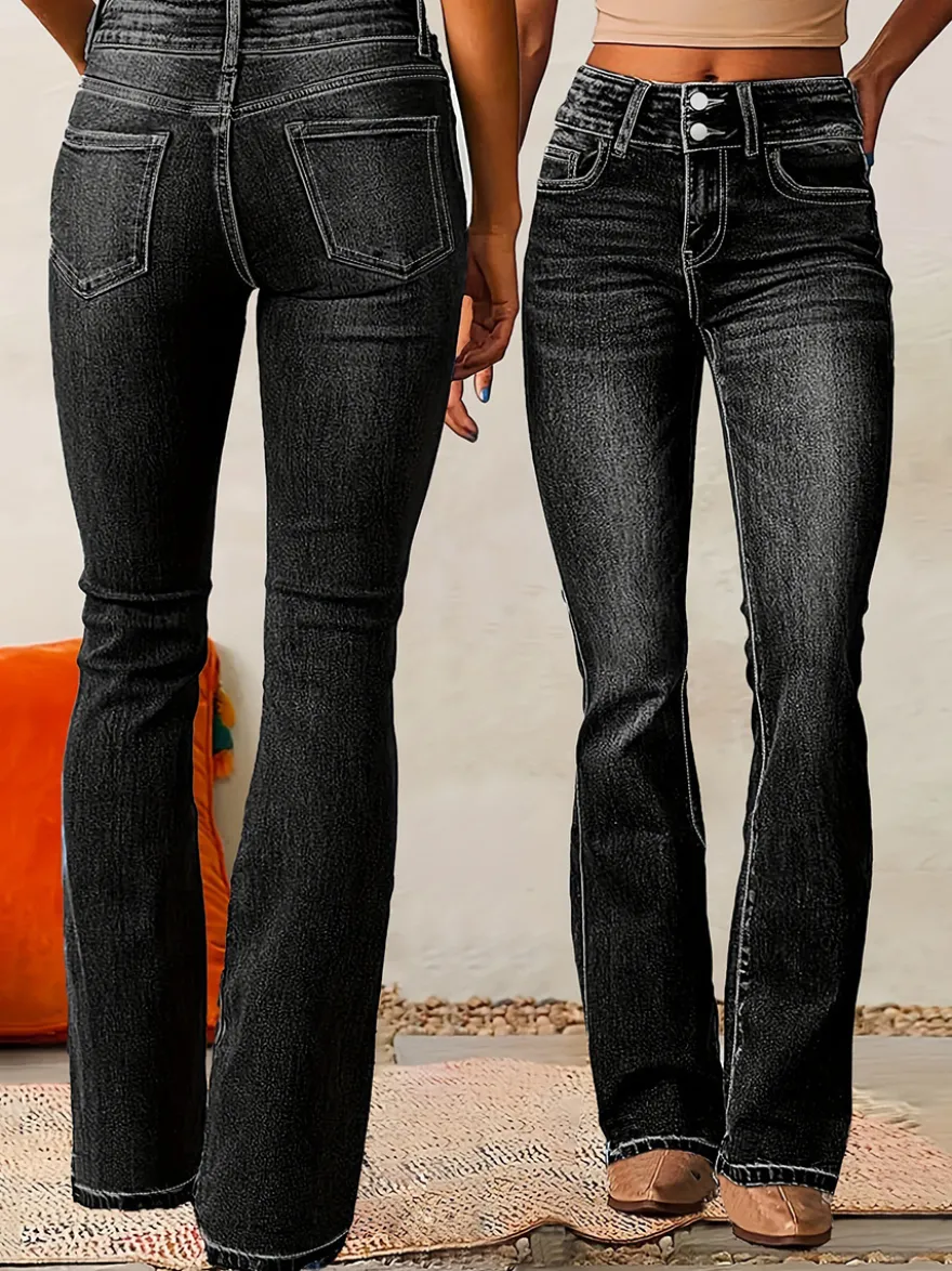 Jean évasé à double boutonnage pour femme - Pantalon en denim coupe slim - Style streetwear décontracté printemps 2026