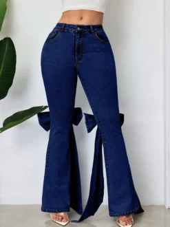 Jean évasé à nœud papillon pour femme - Bas en denim bleu tendance à jambes larges - Streetwear printemps 2026