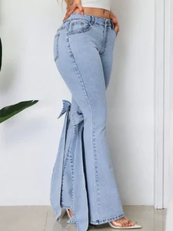 Jean évasé à nœud papillon pour femme - Bas en denim bleu tendance à jambes larges - Streetwear printemps 2026