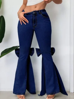 Jean évasé à nœud papillon pour femme - Bas en denim bleu tendance à jambes larges - Streetwear printemps 2026