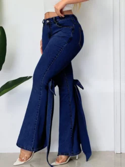 Jean évasé à nœud papillon pour femme - Bas en denim bleu tendance à jambes larges - Streetwear printemps 2026