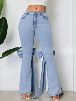 Jean évasé à nœud papillon pour femme - Bas en denim bleu tendance à jambes larges - Streetwear printemps 2026