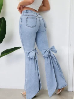 Jean évasé à nœud papillon pour femme - Bas en denim bleu tendance à jambes larges - Streetwear printemps 2026