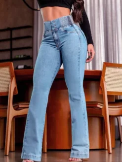Jean évasé taille haute à smocks pour femme - Pantalon en denim délavé coupe slim en coton élastique - Tenues de printemps pour un rendez-vous galant 2026