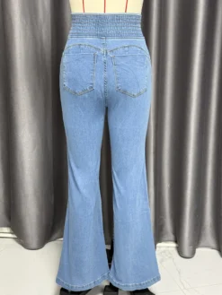 Jean évasé taille haute à smocks pour femme - Pantalon en denim délavé coupe slim en coton élastique - Tenues de printemps pour un rendez-vous galant 2026