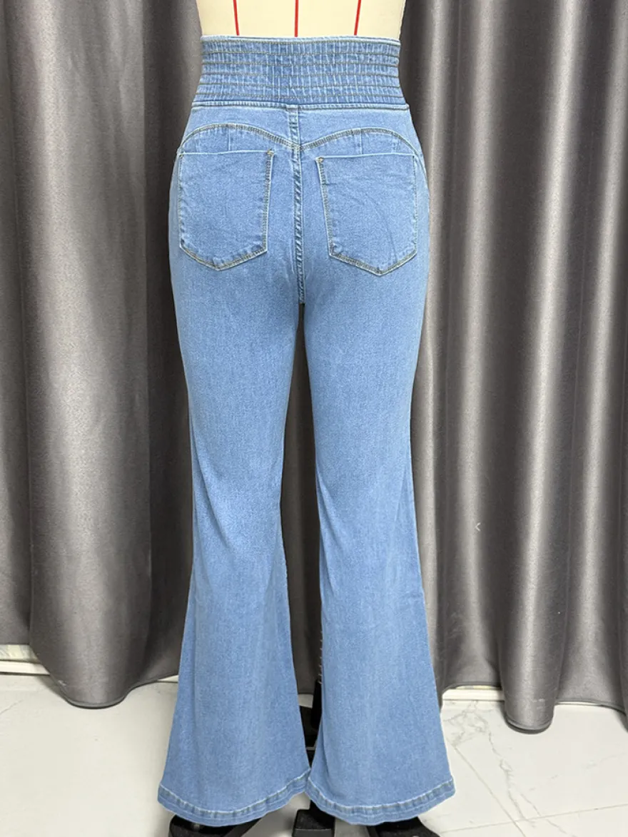 Jean évasé taille haute à smocks pour femme - Pantalon en denim délavé coupe slim en coton élastique - Tenues de printemps pour un rendez-vous galant 2026