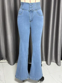 Jean évasé taille haute à smocks pour femme - Pantalon en denim délavé coupe slim en coton élastique - Tenues de printemps pour un rendez-vous galant 2026