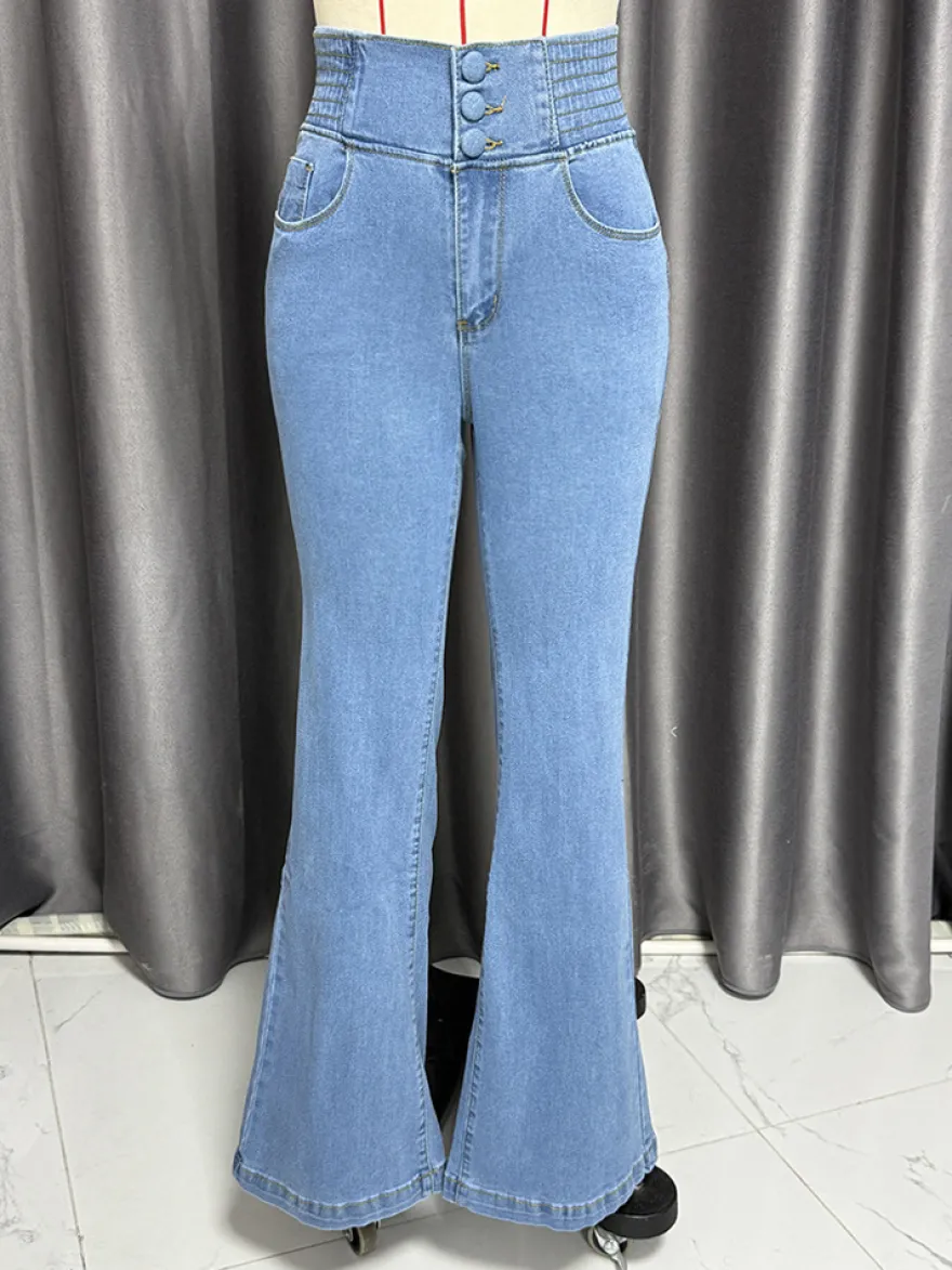 Jean évasé taille haute à smocks pour femme - Pantalon en denim délavé coupe slim en coton élastique - Tenues de printemps pour un rendez-vous galant 2026