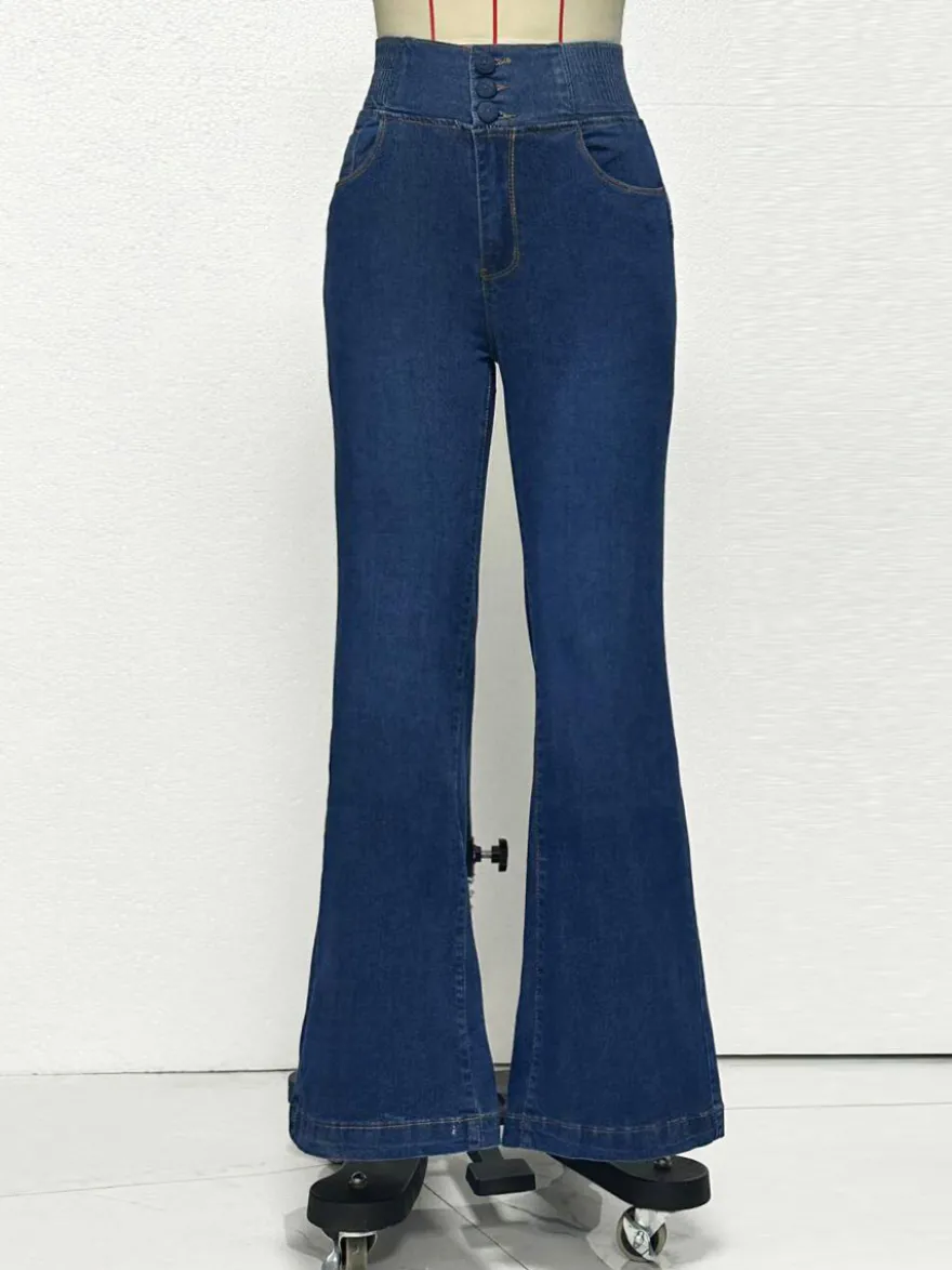 Jean évasé taille haute à smocks pour femme - Pantalon en denim délavé coupe slim en coton élastique - Tenues de printemps pour un rendez-vous galant 2026