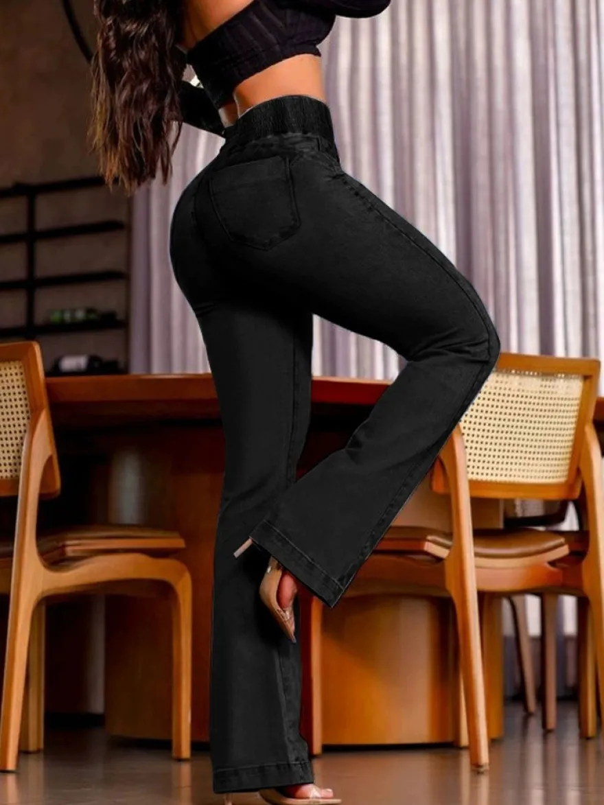 Jean évasé taille haute à smocks pour femme - Pantalon en denim délavé coupe slim en coton élastique - Tenues de printemps pour un rendez-vous galant 2026