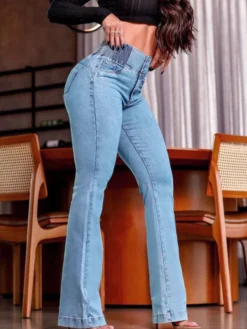 Jean évasé taille haute à smocks pour femme - Pantalon en denim délavé coupe slim en coton élastique - Tenues de printemps pour un rendez-vous galant 2026