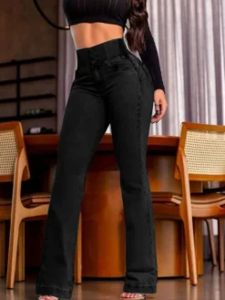 Jean évasé taille haute à smocks pour femme - Pantalon en denim délavé coupe slim en coton élastique - Tenues de printemps pour un rendez-vous galant 2026