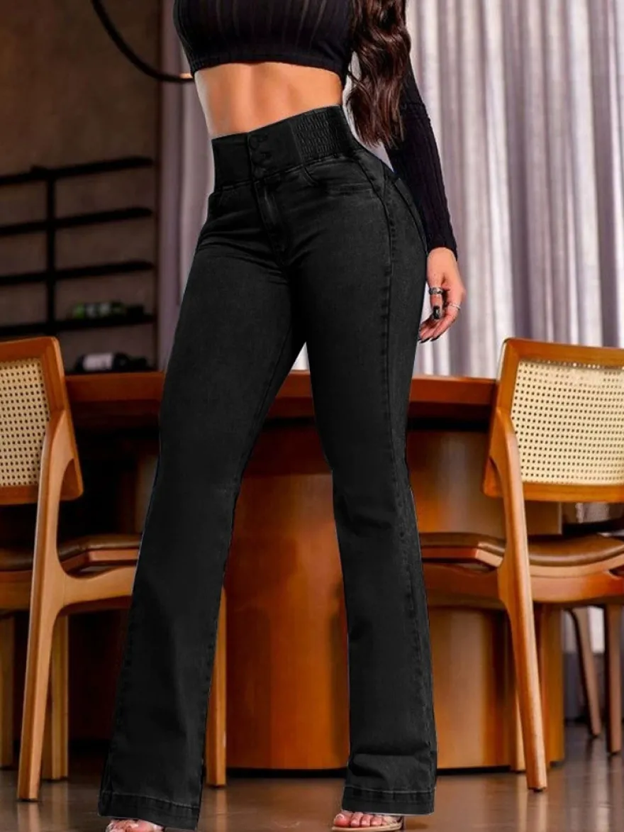 Jean évasé taille haute à smocks pour femme - Pantalon en denim délavé coupe slim en coton élastique - Tenues de printemps pour un rendez-vous galant 2026