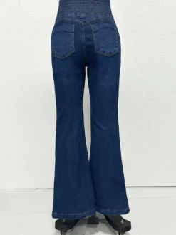 Jean évasé taille haute à smocks pour femme - Pantalon en denim délavé coupe slim en coton élastique - Tenues de printemps pour un rendez-vous galant 2026