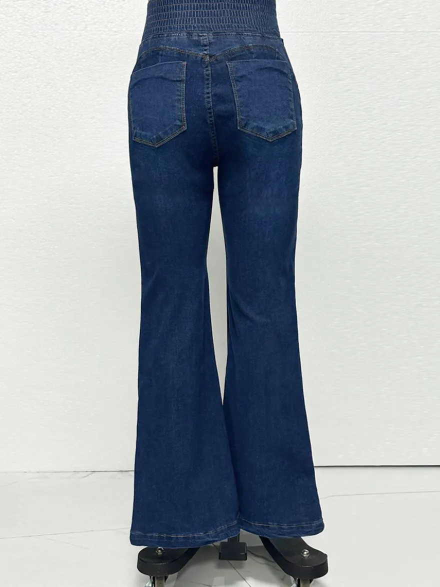 Jean évasé taille haute à smocks pour femme - Pantalon en denim délavé coupe slim en coton élastique - Tenues de printemps pour un rendez-vous galant 2026