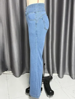 Jean évasé taille haute à smocks pour femme - Pantalon en denim délavé coupe slim en coton élastique - Tenues de printemps pour un rendez-vous galant 2026