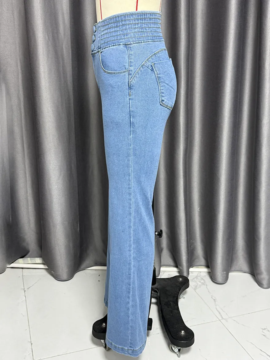 Jean évasé taille haute à smocks pour femme - Pantalon en denim délavé coupe slim en coton élastique - Tenues de printemps pour un rendez-vous galant 2026