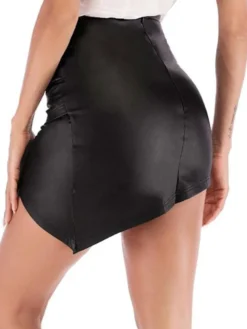 Jupe Courte en Cuir Synthétique Femme en Plis Fente Sur Devant Unicolore Noir Sexy Jupe Courte