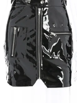 Jupe Courte Moulante Femme en Cuir Synthétique Vernis Sexy Coupe Cintrée à Zip avec Poches Unicolore