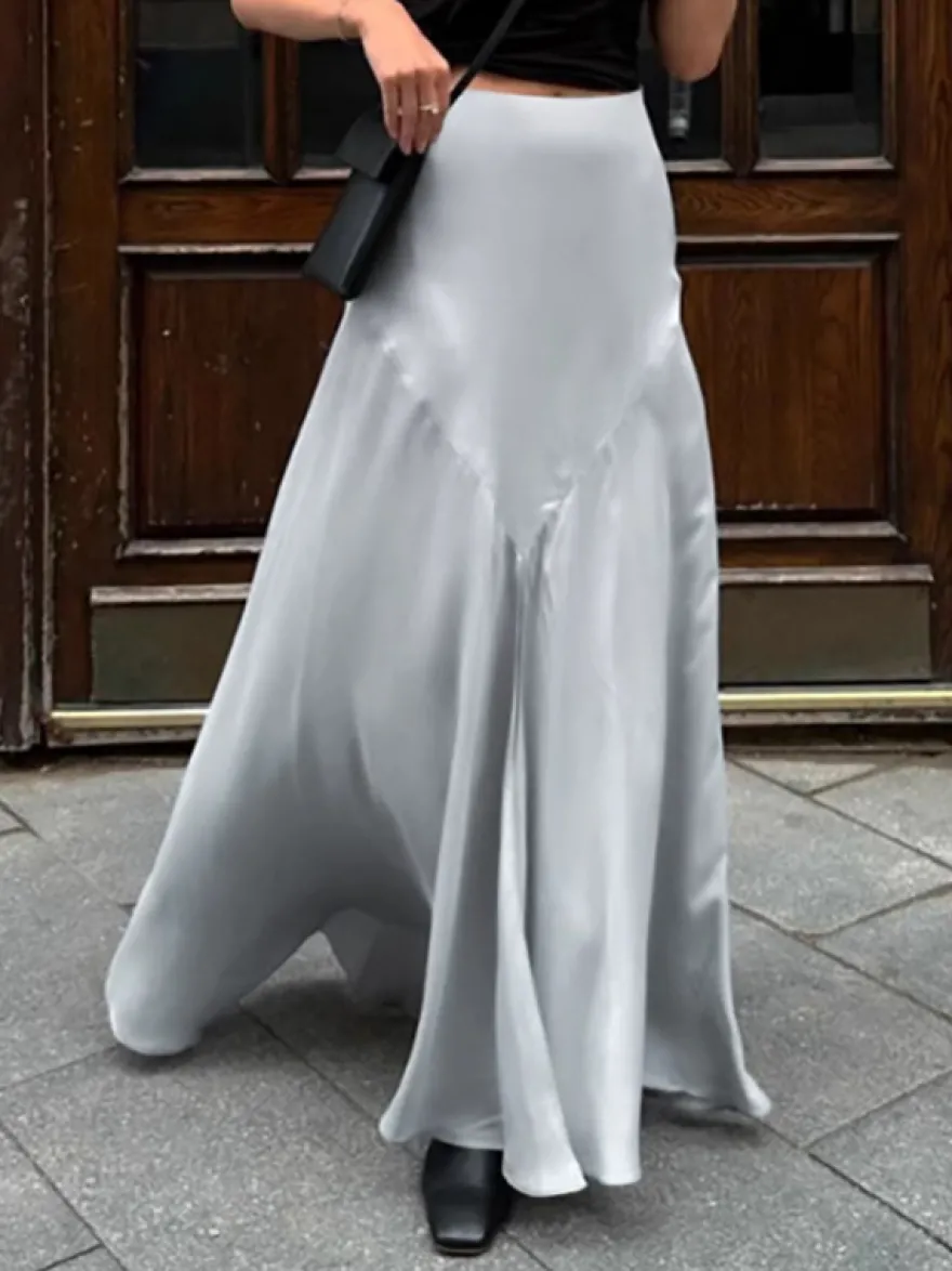Jupe en satin gris avec fente taille haute couleur unie jupe longue d'été trapèze pour femme 2026