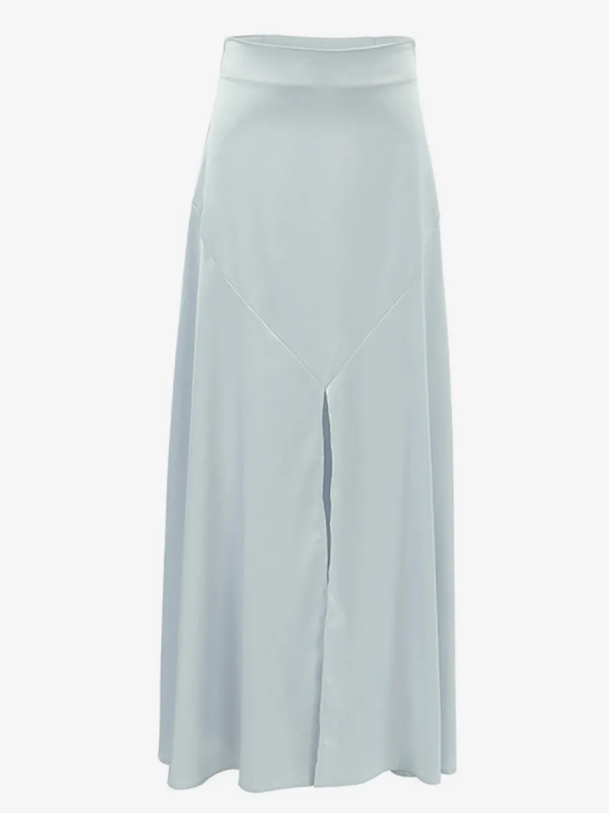 Jupe en satin gris avec fente taille haute couleur unie jupe longue d'été trapèze pour femme 2026